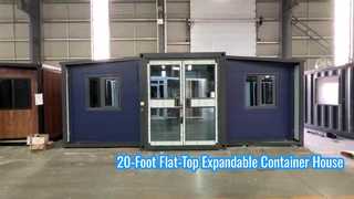 20-Foot Flat-Top Expandable Container House | Gray Frame Blue Panels