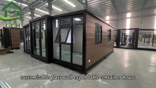 20FT expandable container house |front grass curtain wall and metal carved board  